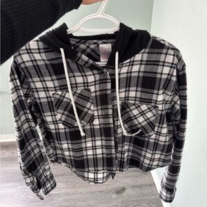 No Boundaries Black and White Plaid Hooded Button Shirt